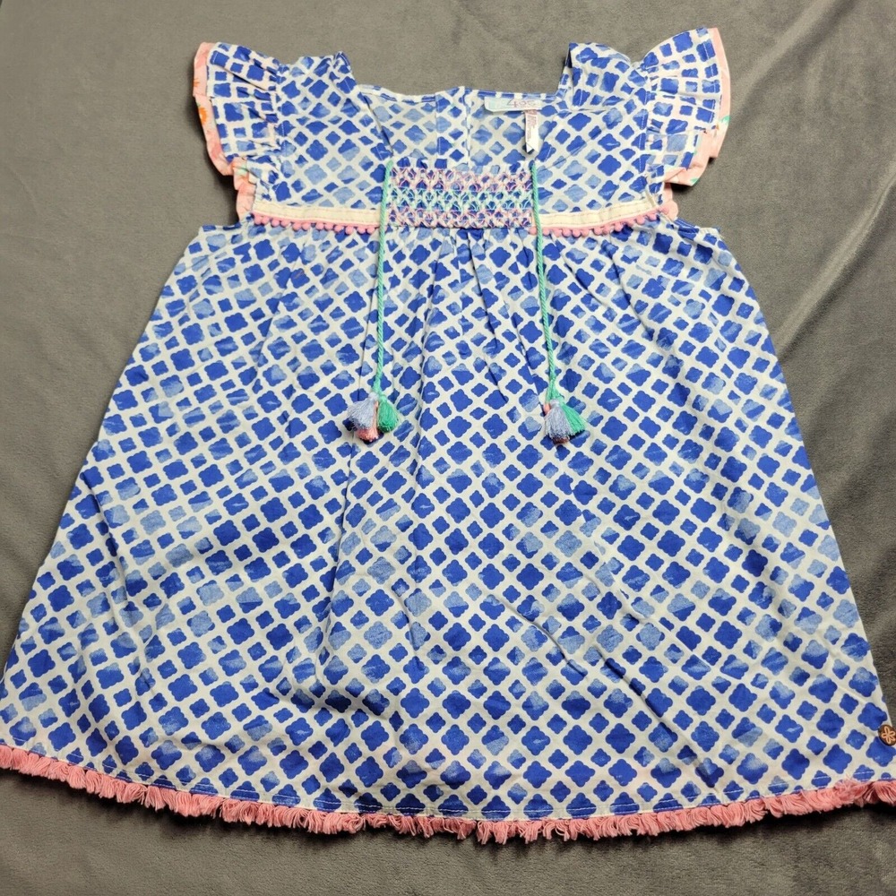 435 Matilda Jane Girls 14 Blue & White Geometric Print Shirt With Tassels By 435